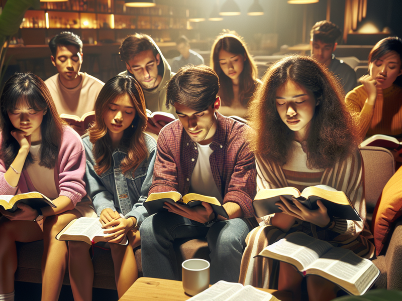 Group of young adults studying with Bibles