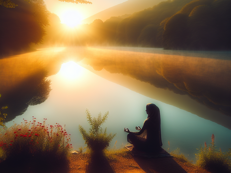 Person meditating by a lake at sunrise